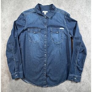 Calvin Klein Jeans Womens Large Denim Shirt Blue Pearl Snap Western Long Sleeve